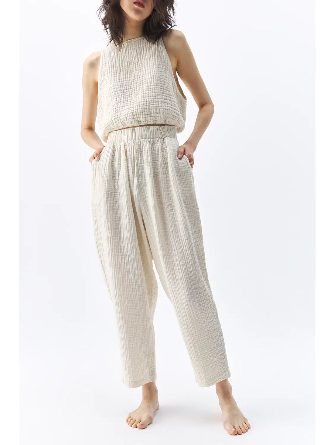 crinkle slouchy pants in cream cotton guaze