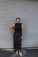 black cotton hemp column dress