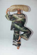 arnate dropped 3/4 sleeve printed organza silk top