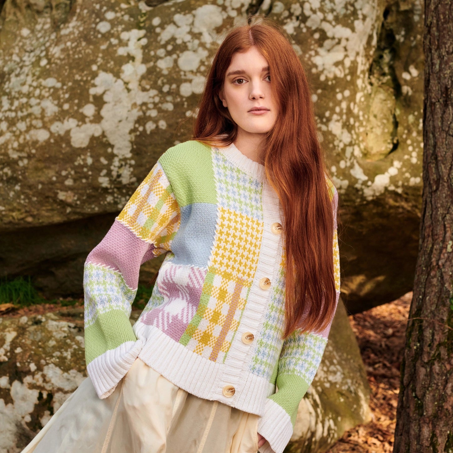 patchwork cardigan in lime multi