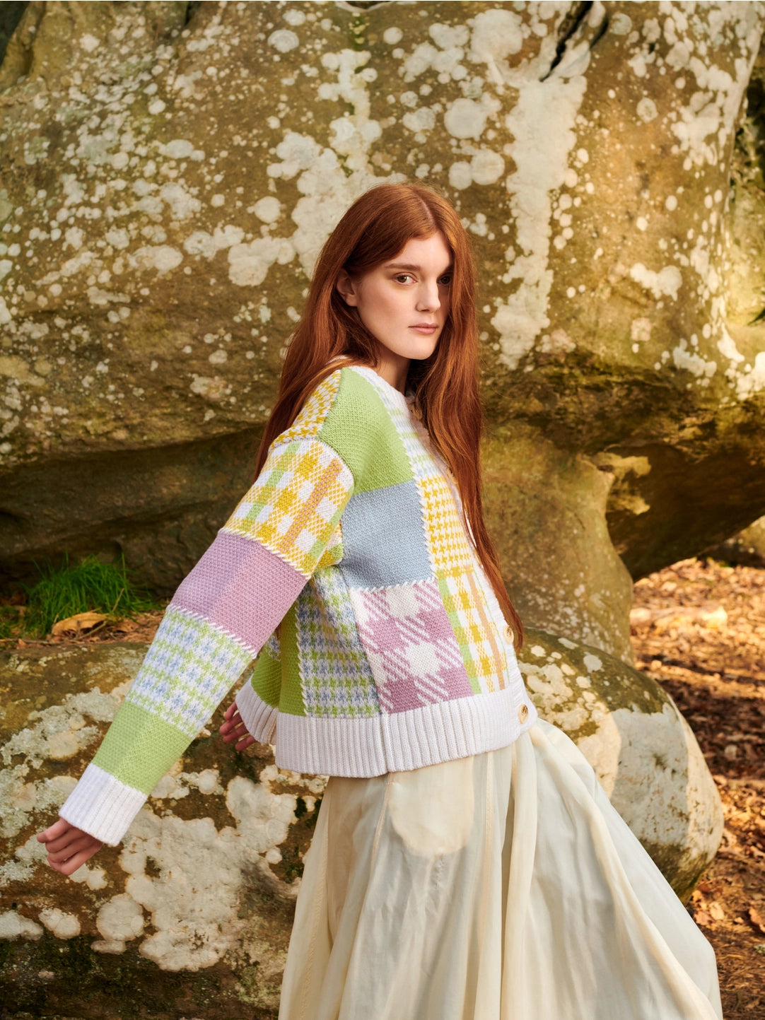 patchwork cardigan in lime multi