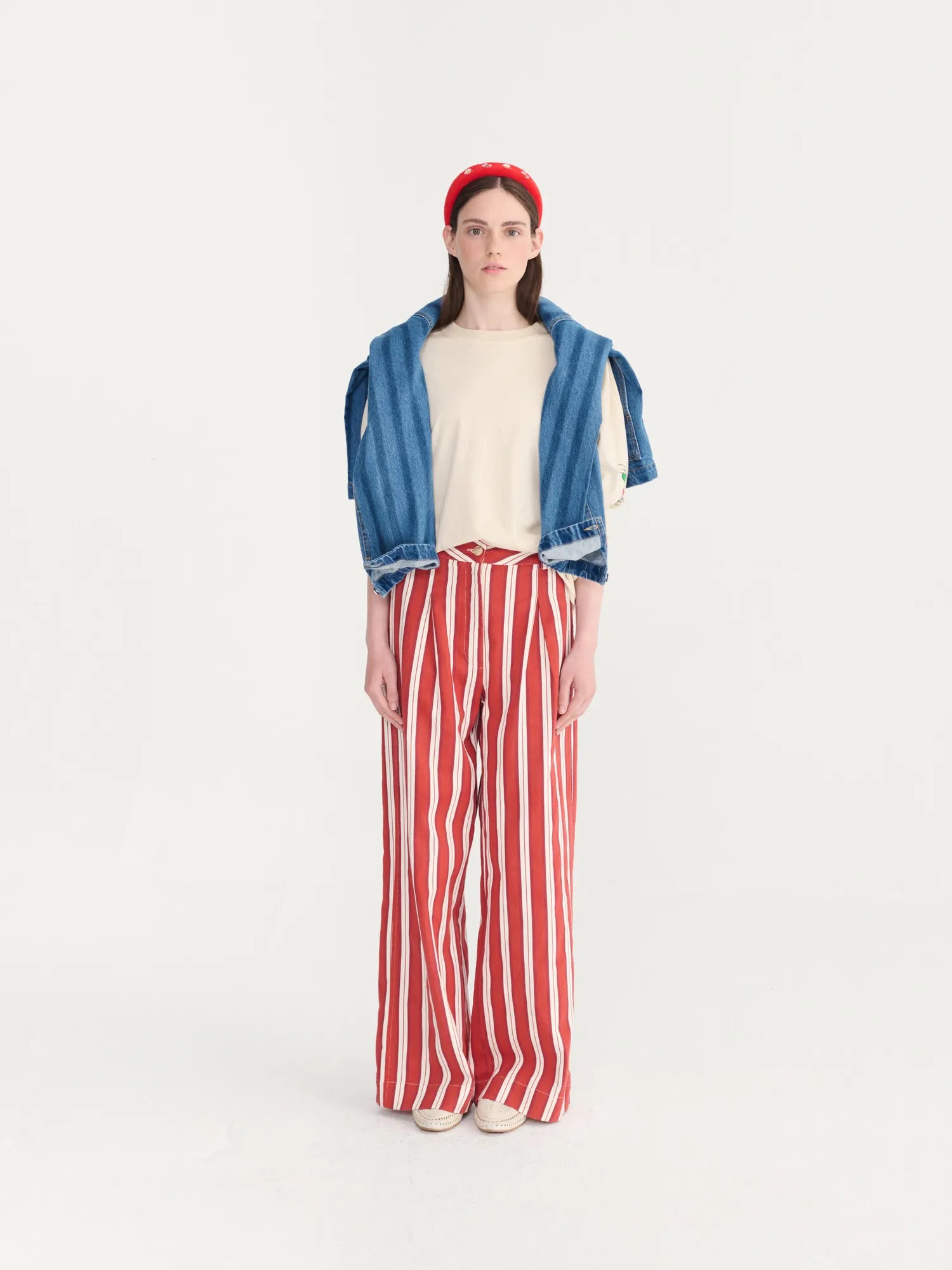 striped twill wide leg pants