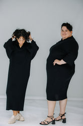 gabby and jules wear the mr mittens ribbed v neck dress in black ribbed cotton.