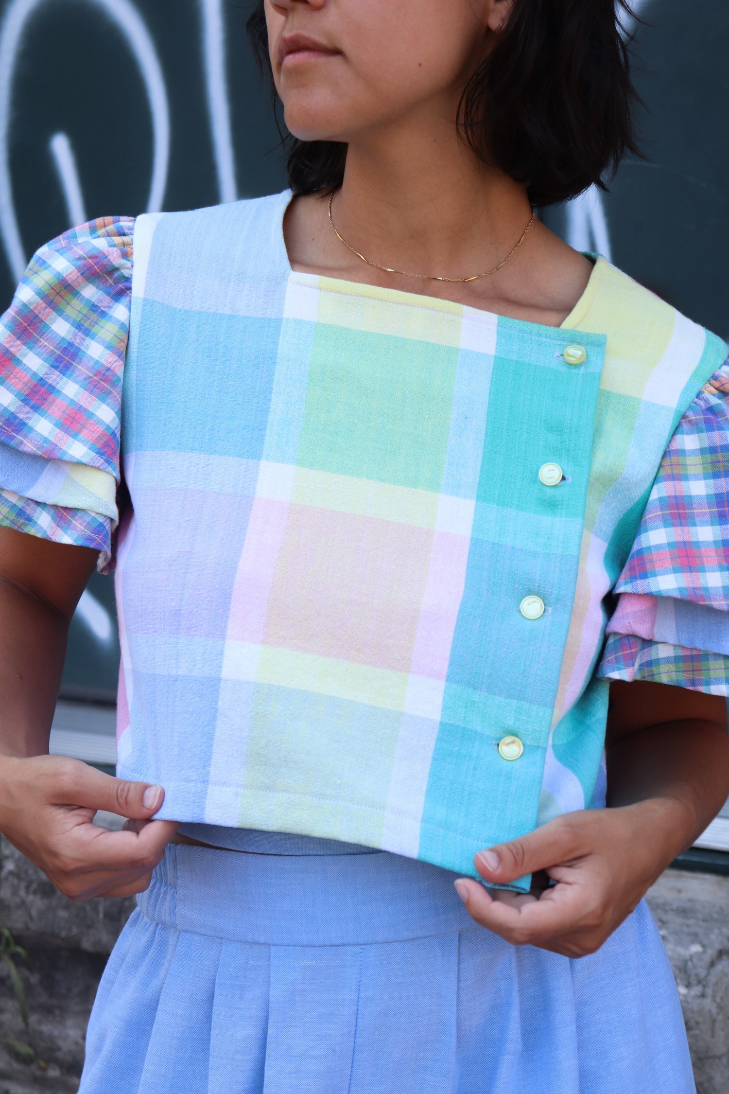 gingham tablecloth square neck top