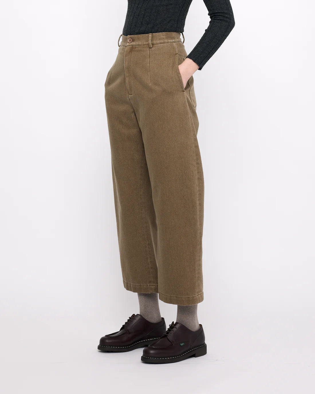 sand-washed tailored curve legged trouser