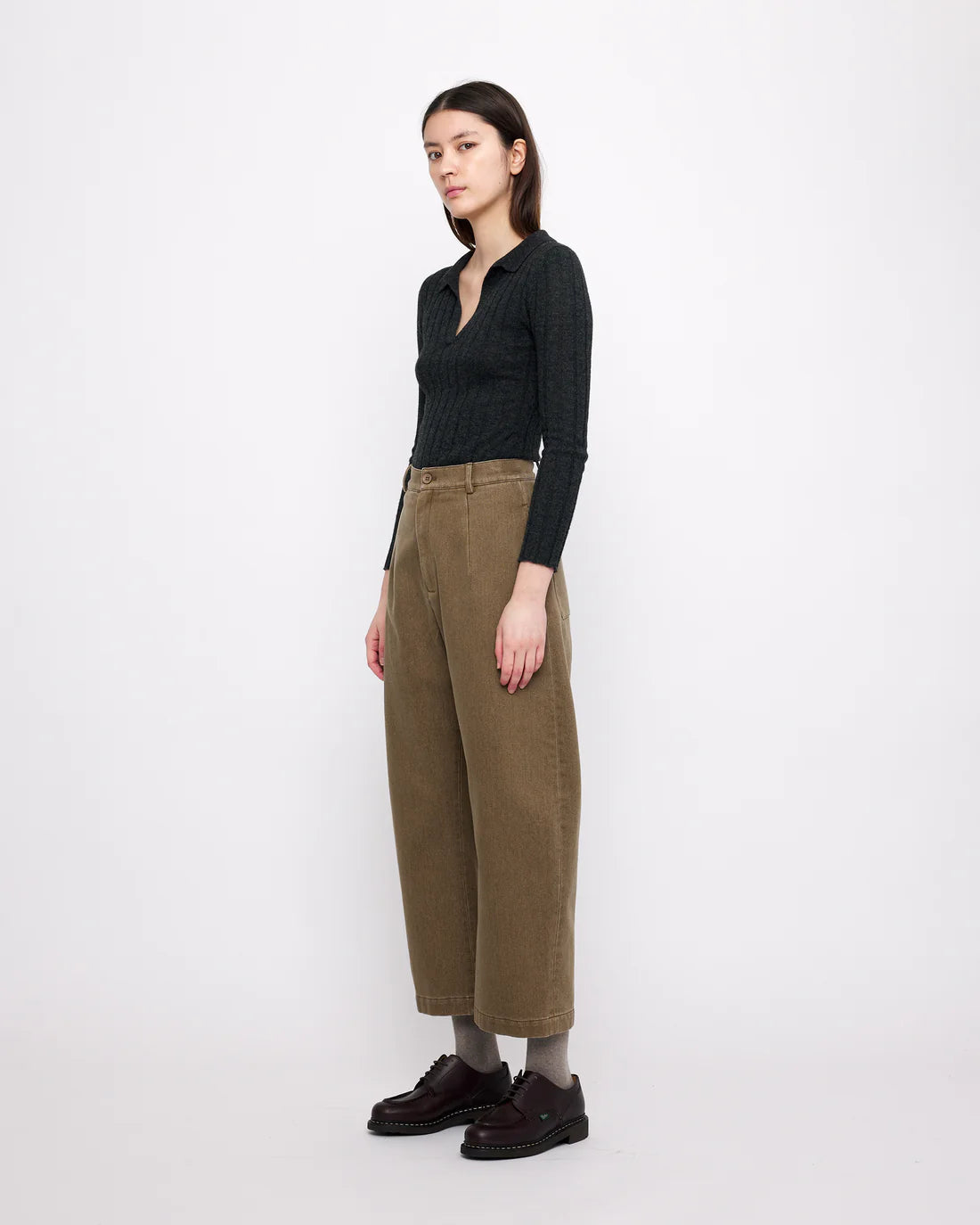 sand-washed tailored curve legged trouser