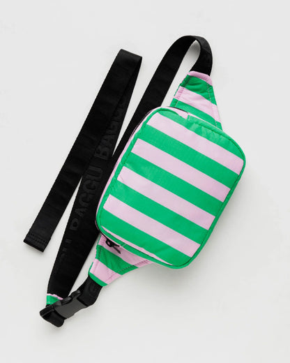 baggu puffy fanny pack in pink green awning stripe