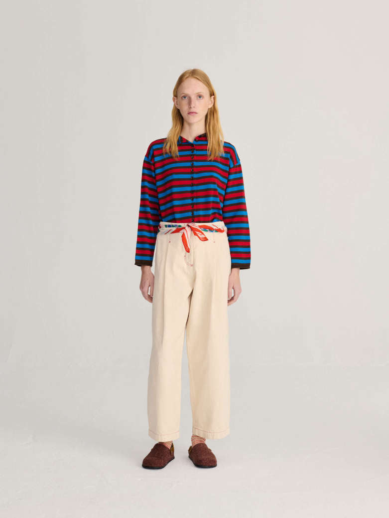 ecru twill pleated barrel pants