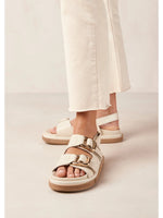 ALOHAS handcrafted, unisex harper sandals in cream leather with gold buckle details