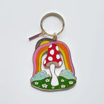 idlewild mushroom, rainbow, and sunshine brass and enamel colorful keychain