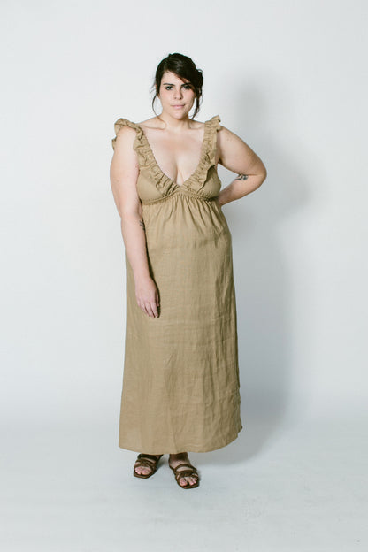 milos dress in taupe linen