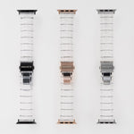 3 machete eco-friendly acetate resin apple watch band in clear with black, rose gold, and silver finishes.